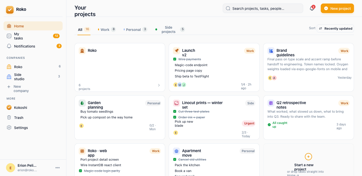 The Roko dashboard with the project grid, label filters, and sidebar
