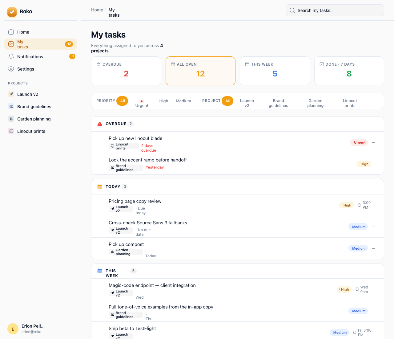My tasks view grouped by due date with priority and project filters
